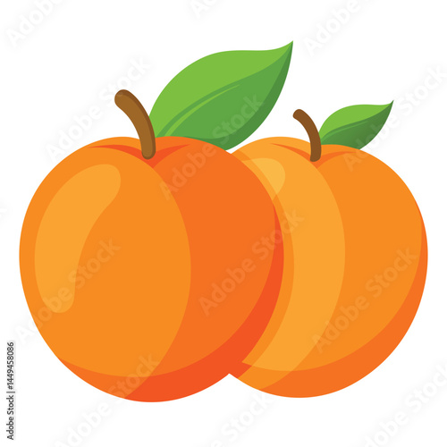Two cartoon peaches with leaves look juicy and ripe on a white background