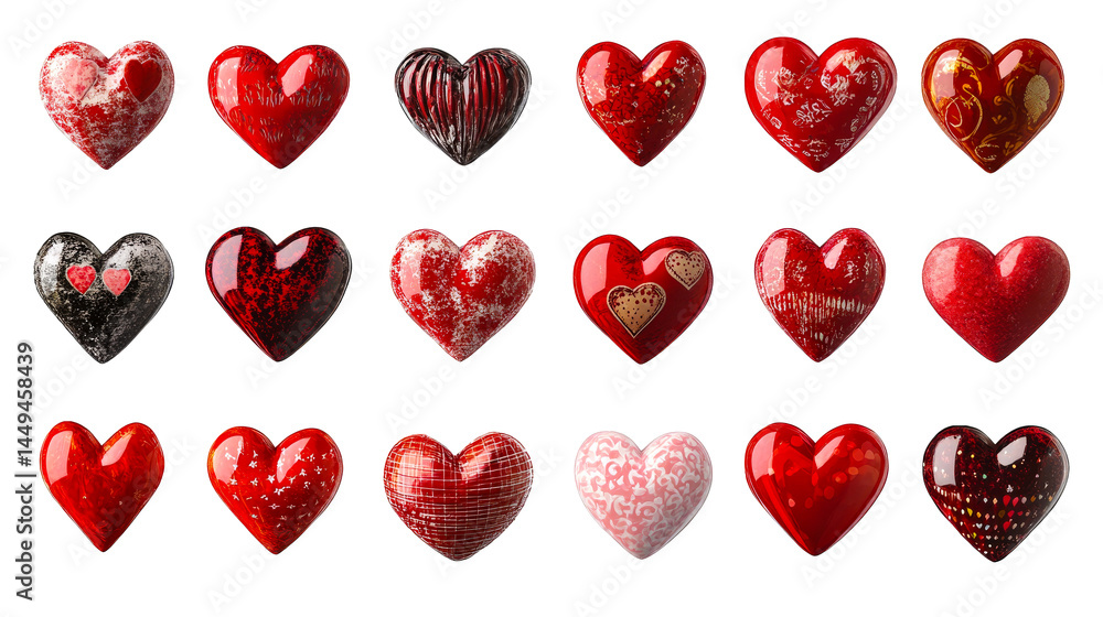 Collection of decorative heart symbols with various designs, cut out transparent Collection of decorative heart symbols with various designs, cut out transparent
