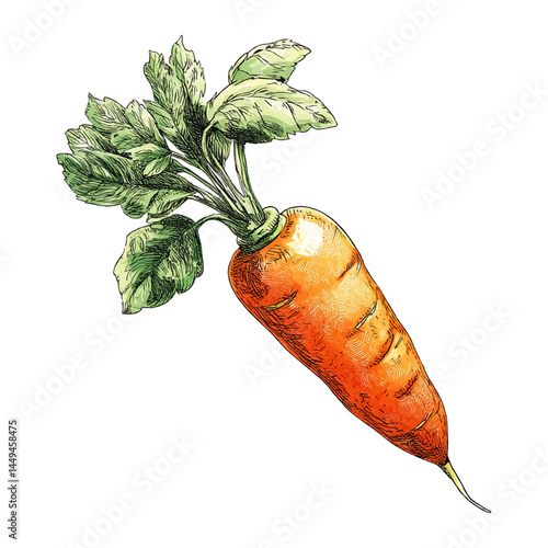 Hand-drawn illustration of a fresh orange carrot with green leafy top, isolated with transparent background