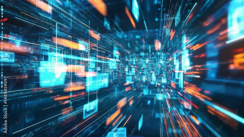 A digital tunnel of glowing blue and orange data streams, suggesting fast information transfer and futuristic technology. A digital tunnel of glowing blue and orange data streams, suggesting fast information transfer and futuristic technology.