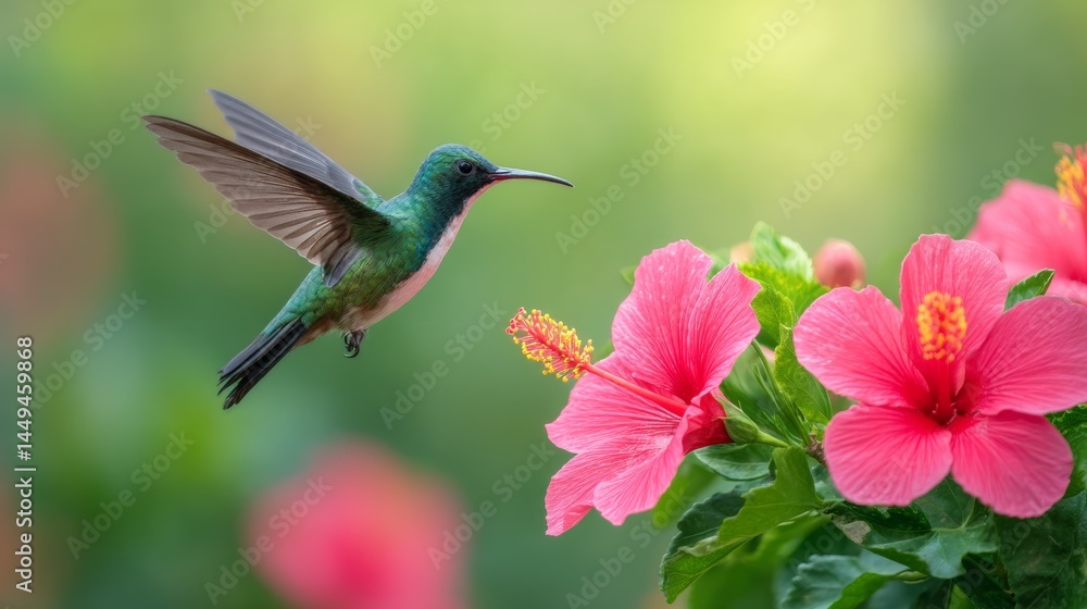 Fototapeta premium Hummingbird approaching a Hibiscus Blossom