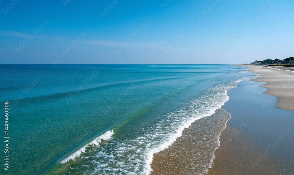 Pristine beach shoreline, calm turquoise water, sunny day, tranquil scene, perfect for relaxation or travel brochure Pristine beach shoreline, calm turquoise water, sunny day, tranquil scene, perfect for relaxation or travel brochure