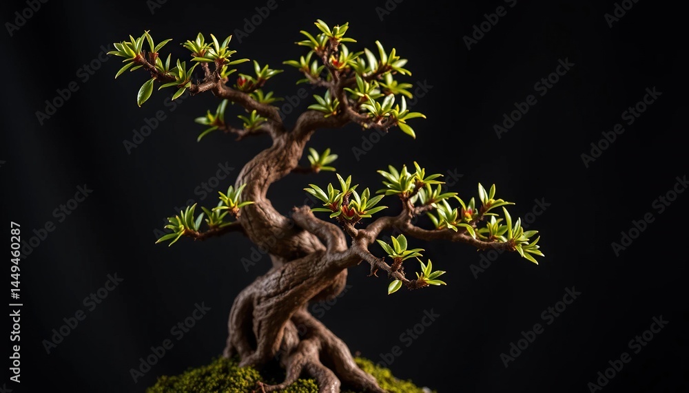 A meticulously crafted bonsai tree, showcasing intricate branching and vibrant green foliage against a stark black backdrop. The aged, gnarled trunk and mossy base add to its artistry A meticulously crafted bonsai tree, showcasing intricate branching and vibrant green foliage against a stark black backdrop. The aged, gnarled trunk and mossy base add to its artistry