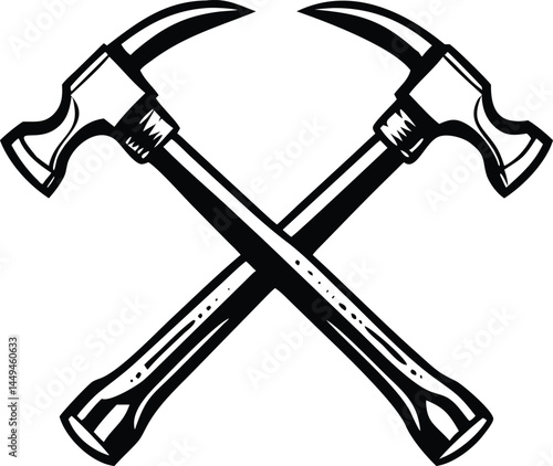 Two monochrome carpenter hammers intersect creating a striking badge emblem over a transparent background