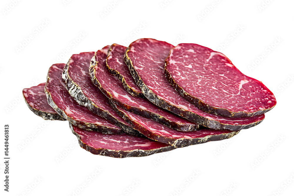 Obraz premium thinly sliced jerky meat with spices on a transparent background