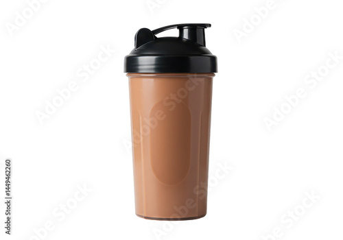 Chocolate protein shake in a blacklidded shaker cup