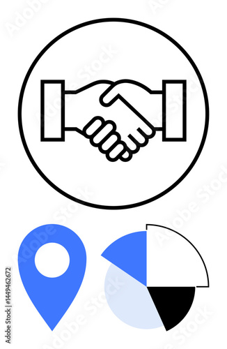 Handshake in circle signifies collaboration. Below are a blue location pin and segmented pie chart. Ideal for business deals, partnerships, trust, data sharing, agreements, strategy teamwork. Flat