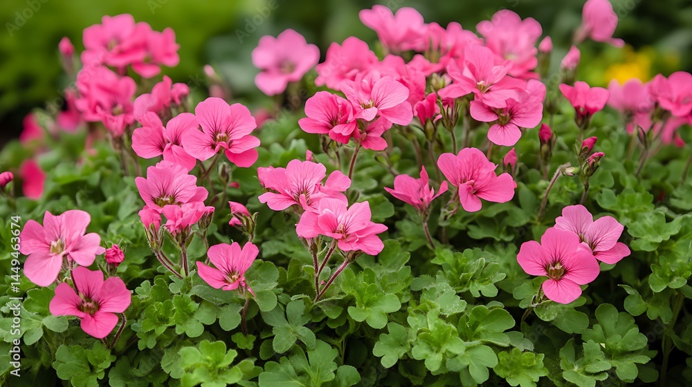 Bright Pink Pelargonium Flowers Blooming with Green Leaves in Garden, Floral Pattern Bright Pink Pelargonium Flowers Blooming with Green Leaves in Garden, Floral Pattern