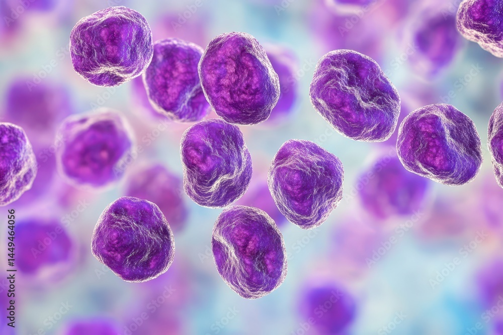 Microscopic view of purple lymphocytes with blurred background. Useful for illustrating medical concepts, diseases, and research.