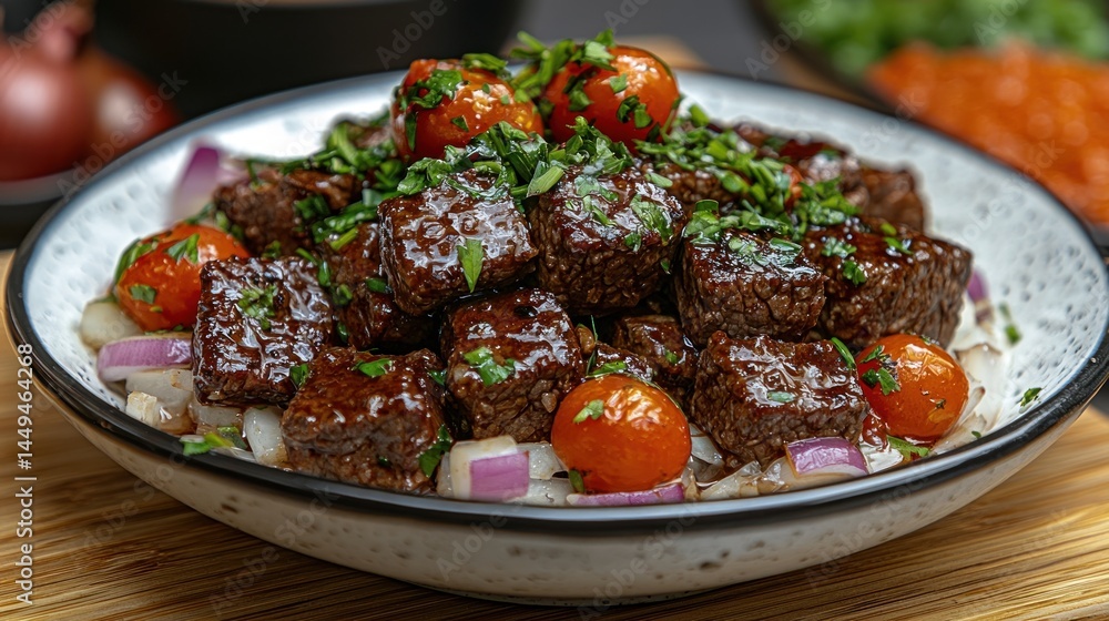 Meat cubes with tomatoes, onions, and herbs Meat cubes with tomatoes, onions, and herbs