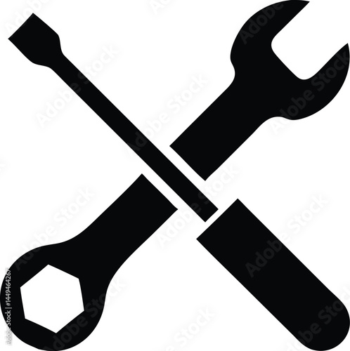 Wrench and screwdriver tool cross each other in black against transparent background