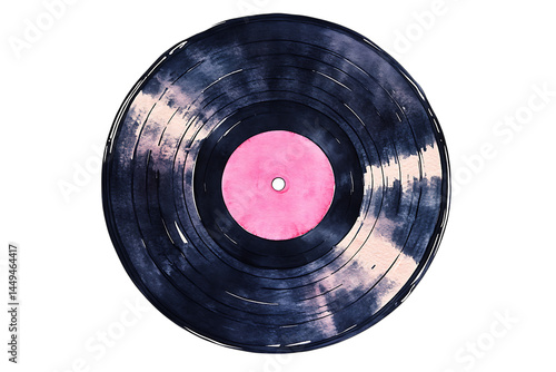 watercolor painting of a vinyl record with red center on a transparent background