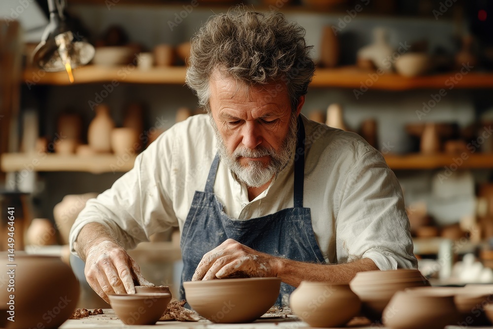 Senior potter shapes clay in his workshop with shelves filled of pottery. Showcase crafts, hobbies, creative processes or small artisan businesses. Senior potter shapes clay in his workshop with shelves filled of pottery. Showcase crafts, hobbies, creative processes or small artisan businesses.