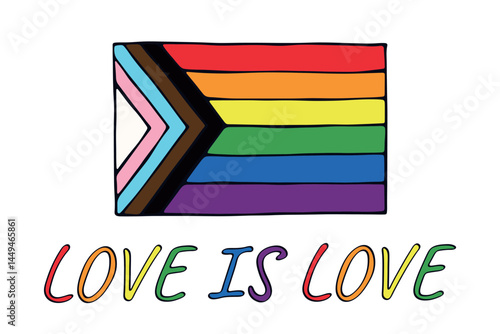 Colorful Lgbtq progress pride flag Happy pride day LGBTQ community Pride Month Vector hand drawn doodle for posters, stickers, logo, cards