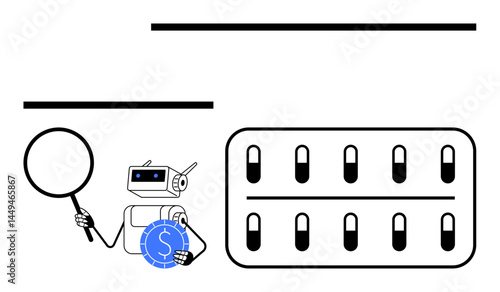 Robot analyzing pill blisters with magnifying glass while holding currency coin. Ideal for medical research, AI in healthcare, robotics, pharmaceutical analysis, cost efficiency, innovation, flat
