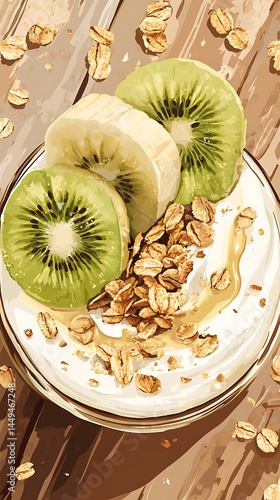 Cereal With Kiwi And Banana Slices on White Plate, Wooden Background, Healthy Food