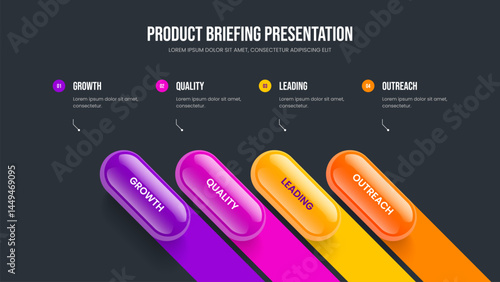 Business Performance Four Element Infographic Frame Design. Company Innovation Slideshow Template Vector Illustration. Professional Growth 4 Option Diagram Slide Layout.