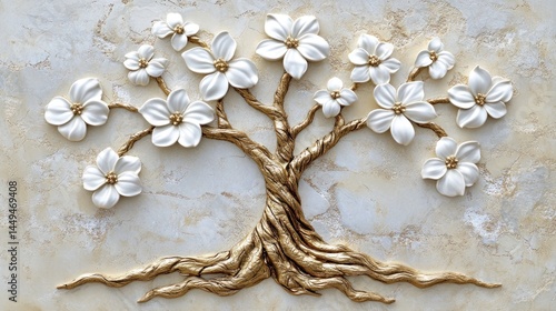 Ornate White Flower Tree on Beige Marble