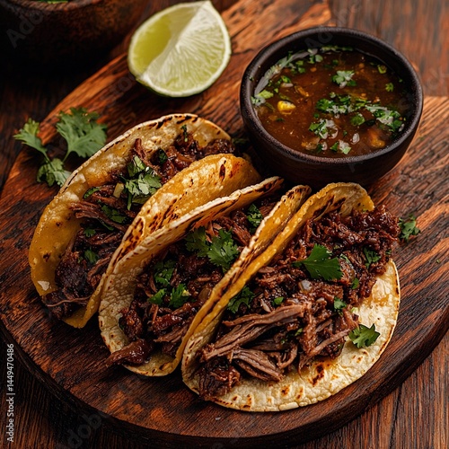 Wooden plate with delicious birria tacos and traditional taco for food advertising