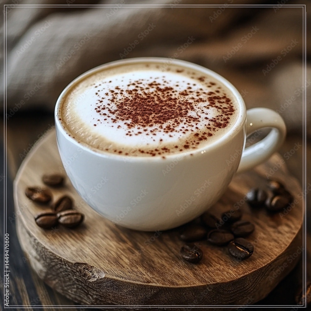 Cup of coffee surrounded by coffee beans with a cappuccino in an instagram advertisement Cup of coffee surrounded by coffee beans with a cappuccino in an instagram advertisement