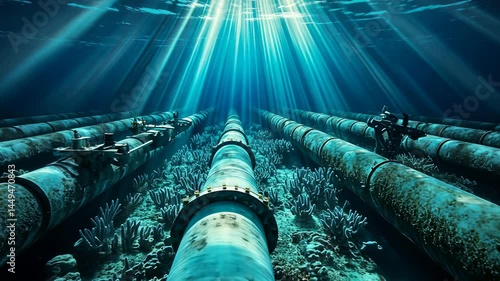 Underwater Pipes Series of large pipes on the sea bed with sun rays shining through the water. Pipes are surrounded by coral