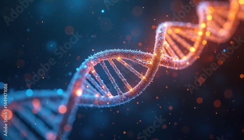 Futuristic glowing DNA helix illustration in blue and orange colors. Bright light abstract design symbolizes science tech, medical innovation, genetic research. Biology concept.