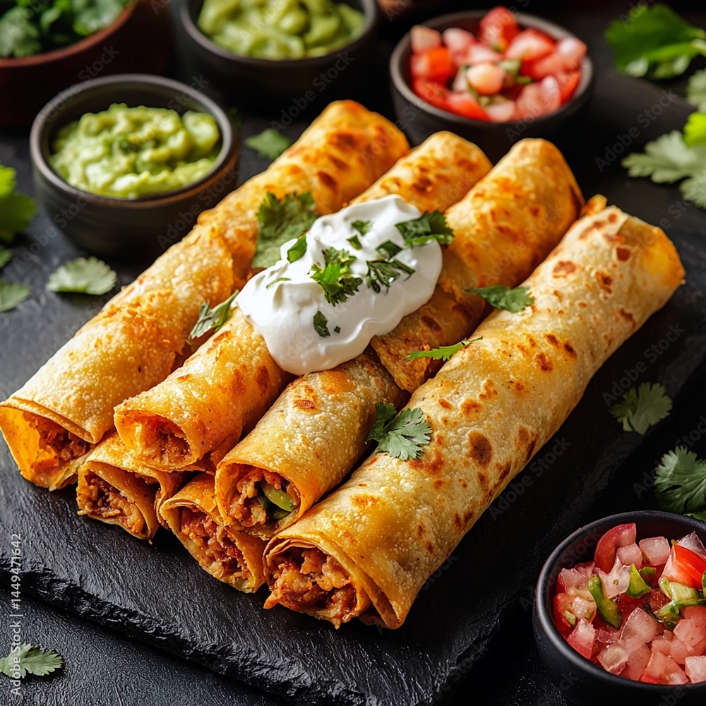 Black slate board with crispy rolled tortillas and flautas advertisement for social media post Black slate board with crispy rolled tortillas and flautas advertisement for social media post