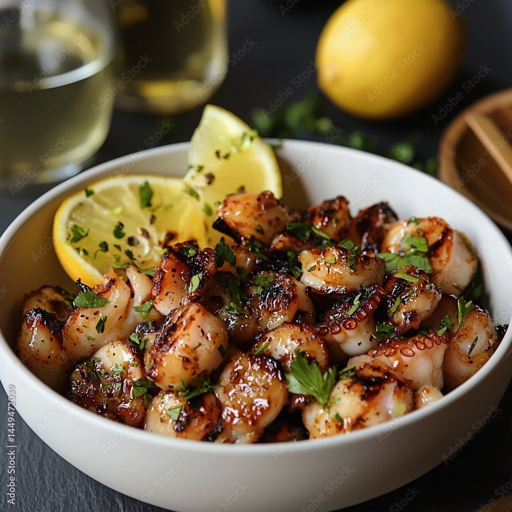 Bowl of grilled octopus with fresh ingredients for social media food promotion Bowl of grilled octopus with fresh ingredients for social media food promotion