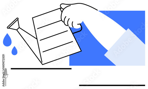 Hand holding a watering can with drops of water falling, indicating cultivation and nurturing. Ideal for growth, care, sustainability, learning, agriculture, development, teamwork flat simple