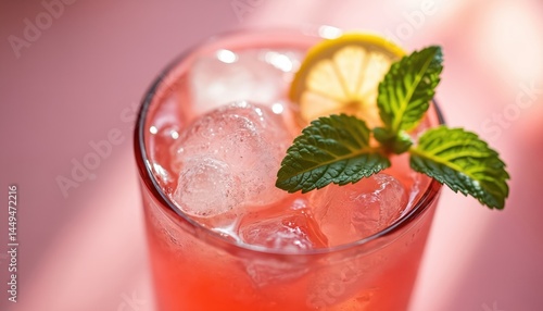 Refreshing pink lemonade in glass with ice cubes lemon slice, mint garnish. Cold drink, summer beverage for hot weather refreshment. Cocktail party drink, bar. Lemon juice mixed with water. Healthy