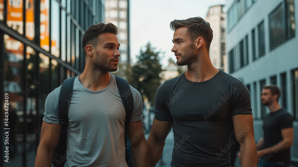 extremely attractive caucasian gay couple, walking in modern city, some other people nearby in the background. lgtbq+ tolerance theme, Diversity theme. Young gay couple or friends together. Every day extremely attractive caucasian gay couple, walking in modern city, some other people nearby in the background. lgtbq+ tolerance theme, Diversity theme. Young gay couple or friends together. Every day