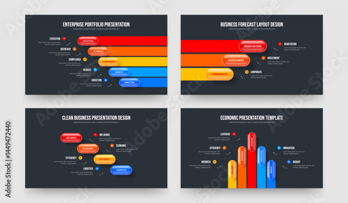 Business Profile 5 3 4 5 Step Diagram Slideshow Design Bundle. Professional Planning Five Three Four Five Element Infographic Presentation Layout Vector Illustration Collection.