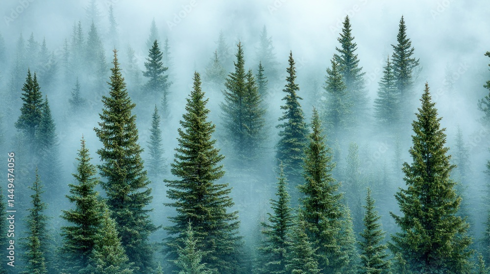Fototapeta premium Mist shrouded forest with green pine trees