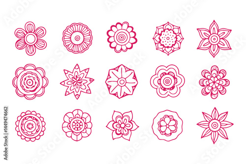 Set of floral icons in outline style, featuring decorative abstract flower designs for use in digital art, crafts, patterns, logos, invitations, and decorations.