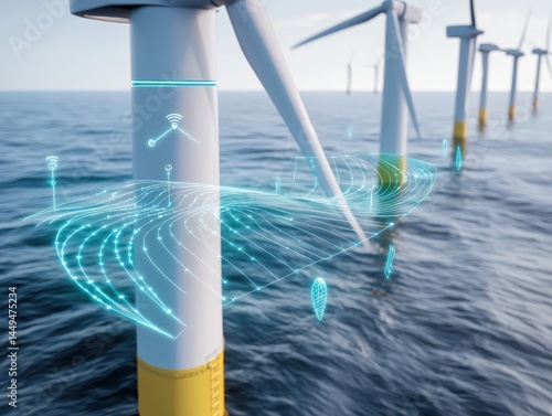 Futuristic coastal wind farm powered by ai technology overlooking the ocean gigapixel clarity innovative design