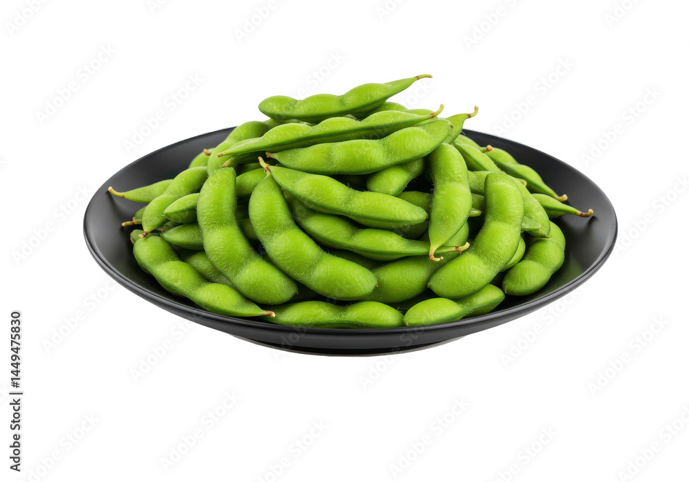 Edamame Mound Fresh green pods piled high on a dark elegant dish against a black backdrop Edamame Mound Fresh green pods piled high on a dark elegant dish against a black backdrop