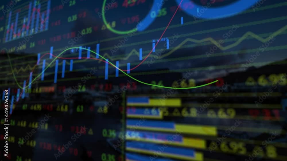 Animation of financial data processing over cityscape Animation of financial data processing over cityscape