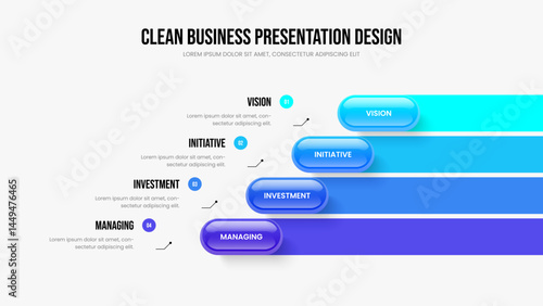 Enterprise Overview Slide Design Vector Illustration. Financial Growth 4 Option Diagram Presentation Template. Modern Introduction Four Element Infographic Frame Layout.