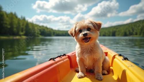Cute small dog sits in yellow kayak on lake, enjoys summer vacation. Happy pet smiles, travels, explores water. Purebred puppy rests, enjoys adventure outdoor on sunny day.