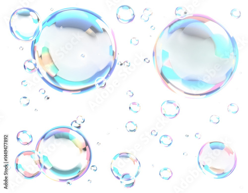 Colorful iridescent soap bubbles against a Transparent background.