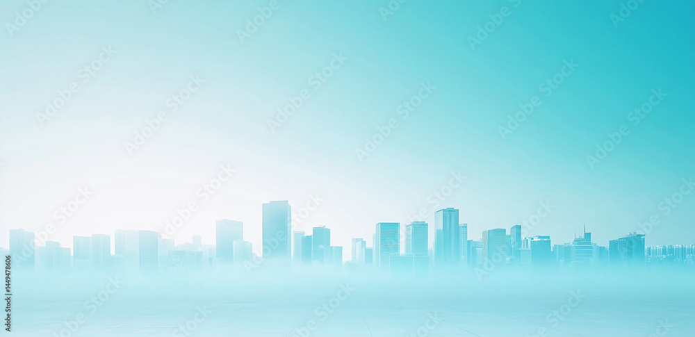 Hazy blue city skyline with faintly visible skyscrapers, creating a tranquil and mysterious futuristic urban atmosphere. Hazy blue city skyline with faintly visible skyscrapers, creating a tranquil and mysterious futuristic urban atmosphere.