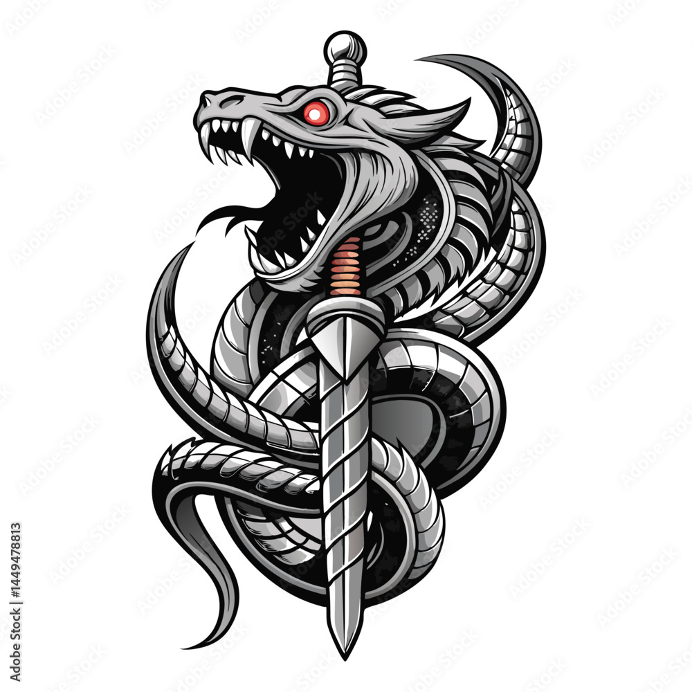 Obraz premium Powerful Dragon Wrapped Around Sword Vector Tattoo Illustration.