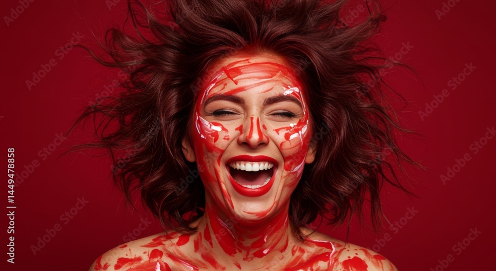Laughing Woman with Paint on Face and Body Against Red Backdrop Laughing Woman with Paint on Face and Body Against Red Backdrop
