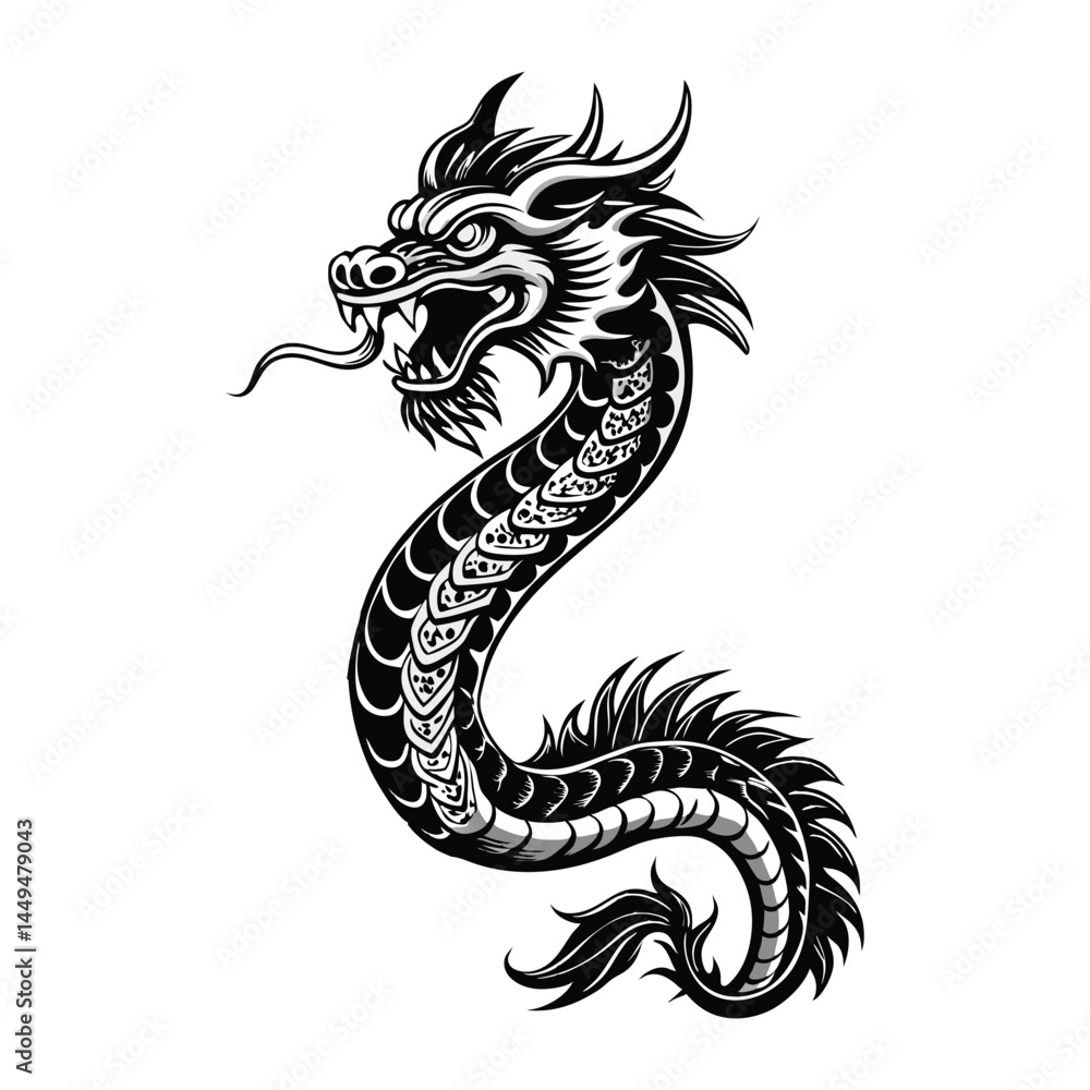 Fototapeta premium Majestic Black and White Dragon Tattoo Vector Art Illustration.