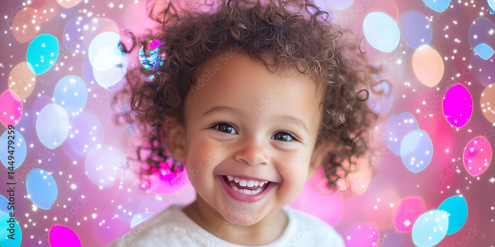 Happy child laughing with colorful bubbles background Happy child laughing with colorful bubbles background