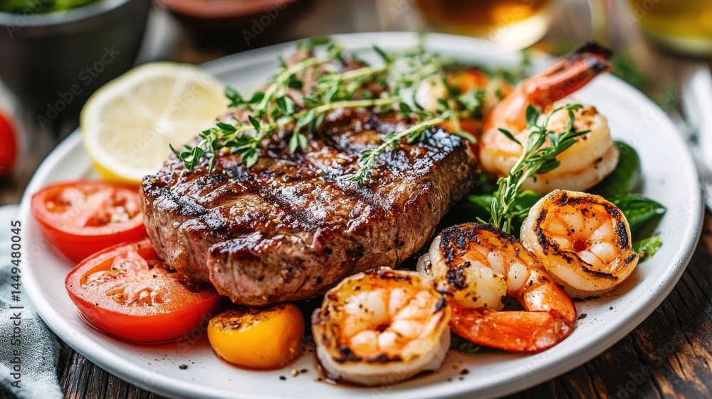Grilled Steak and Shrimp Platter with Fresh Herbs and Tomato Slices on a White Plate Grilled Steak and Shrimp Platter with Fresh Herbs and Tomato Slices on a White Plate