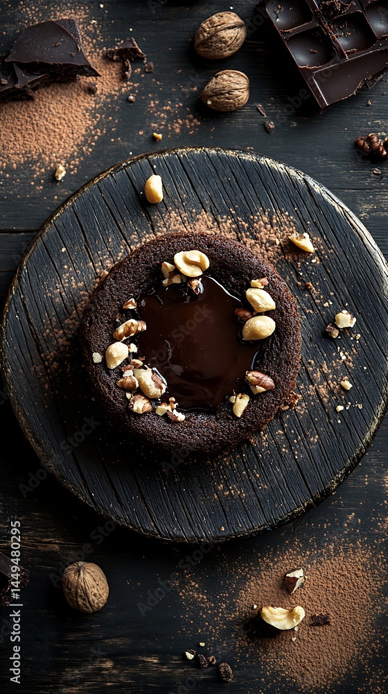 Naklejka premium Chocolate Cake with Nuts and Molten Center on Rustic Wood Board with Dark Chocolate