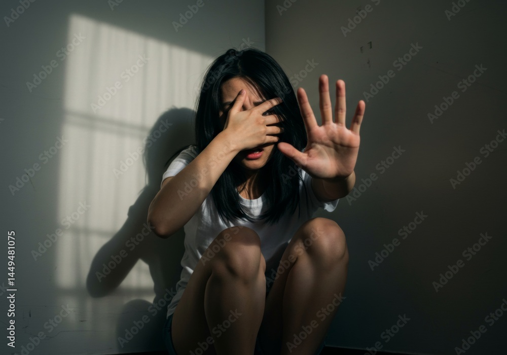 Scared Woman Shielding Her Face with Hand Indoors Scared Woman Shielding Her Face with Hand Indoors