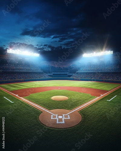 Nighttime View of a Baseball Stadium with Bright Lights and a Dramatic Sky Above the Field