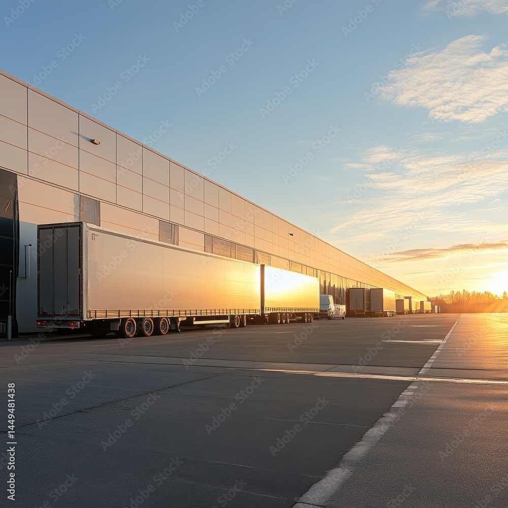 Fototapeta premium Logistics Center at Sunset with Trailers Ready for Delivery and Distribution in the Morning